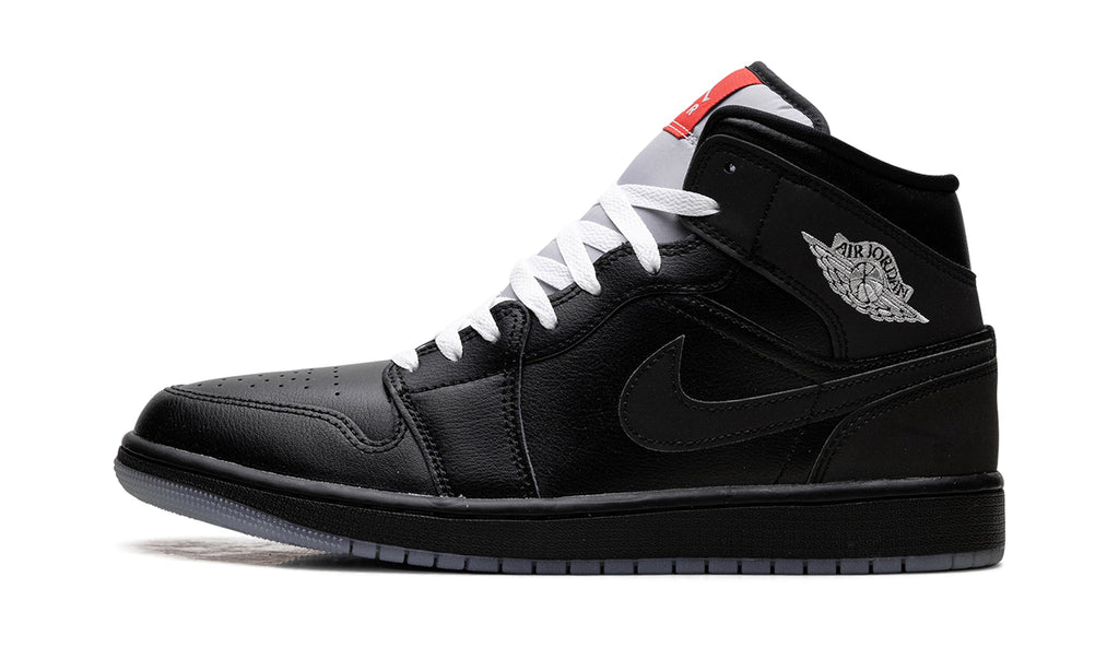 Air Jordan 1 Mid SE Sneakers - Black & Grey with White Laces and Red Accents