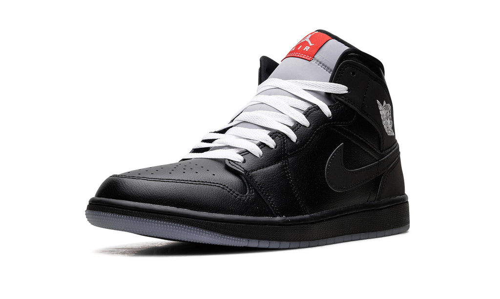 Air Jordan 1 Mid SE Sneakers - Black & Grey with White Laces and Red Accents