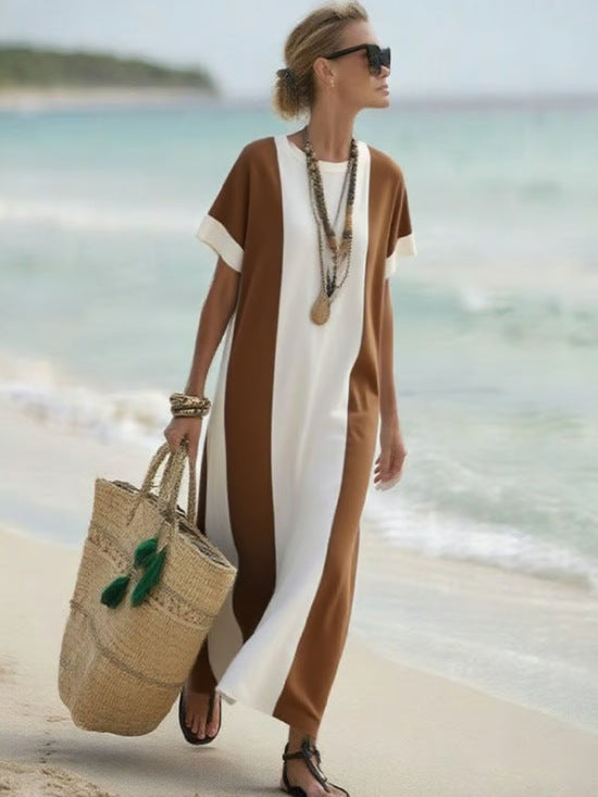Boho Colorblock Short Sleeve Kaftan Maxi Beach Cover-Up