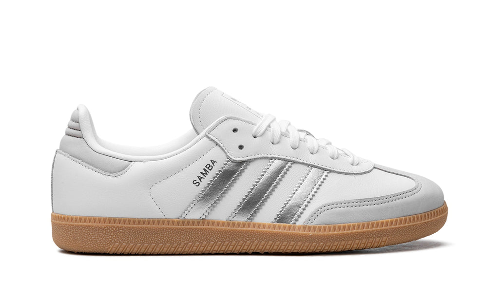 adidas Samba OG Sneakers - White and Metallic Silver with Gum Sole