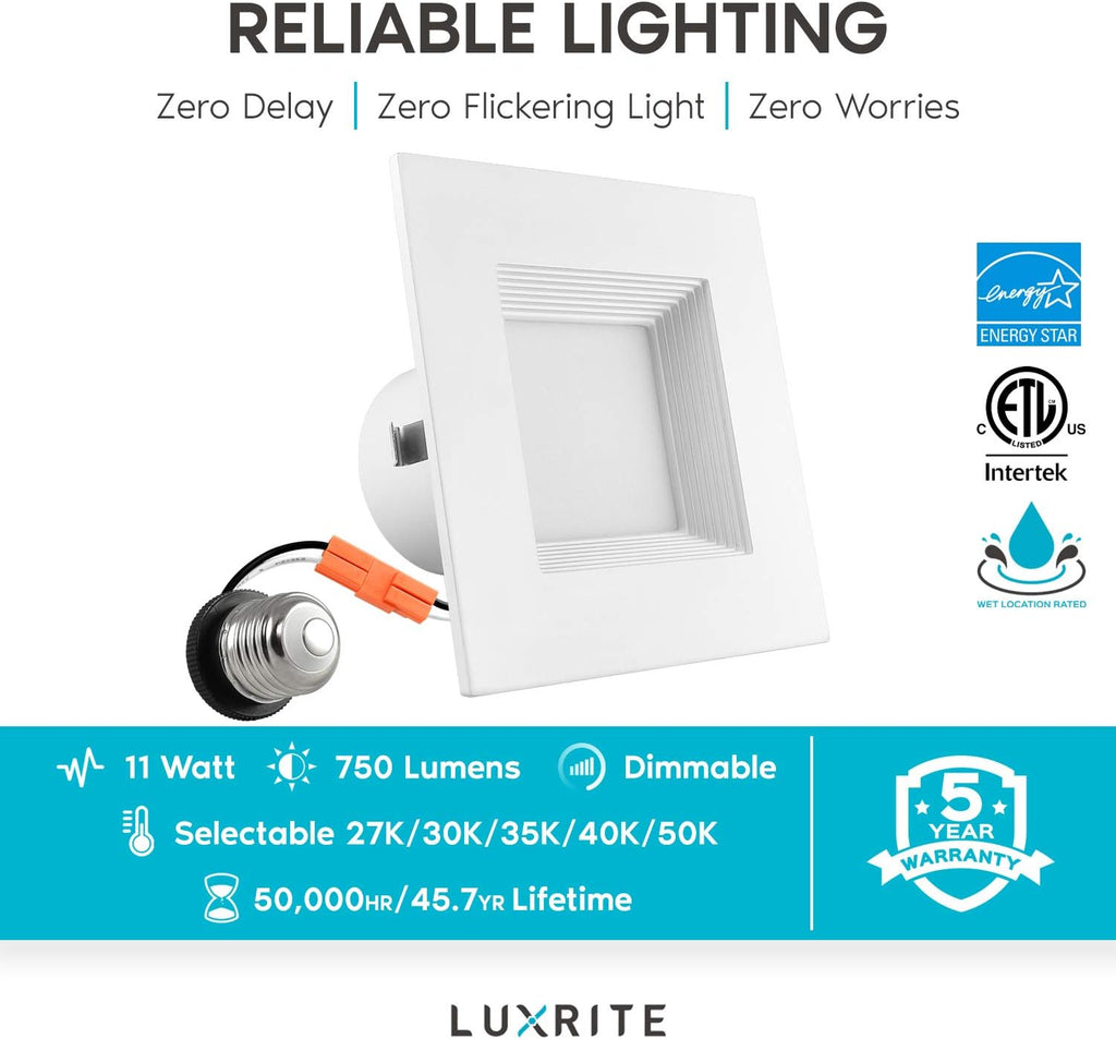 4 Inch Square Recessed LED Can Lights, 750 Lumens, Dimmable, Wet Rated, Baffle Trim, 6 Pack V37537