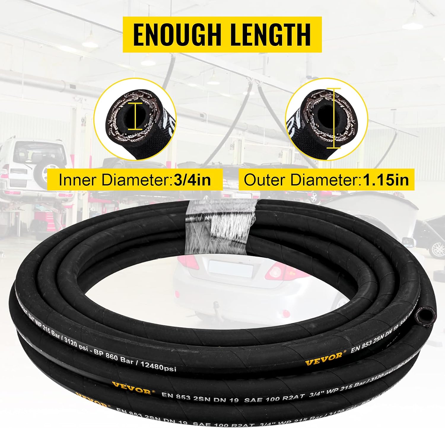 Hydraulic Hose 3/4 inch x 50 ft, 3120 PSI Rubber with 2 High-Tensile Steel Wire Braid X5150