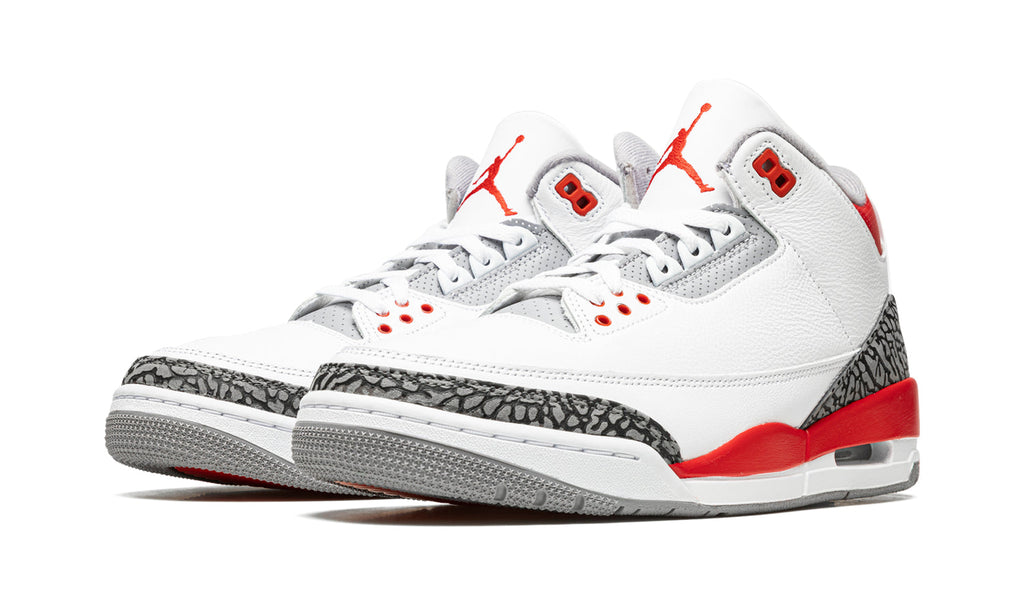 Air Jordan 3 Retro Sneakers - White and Red with Gray Elephant-Print Overlays