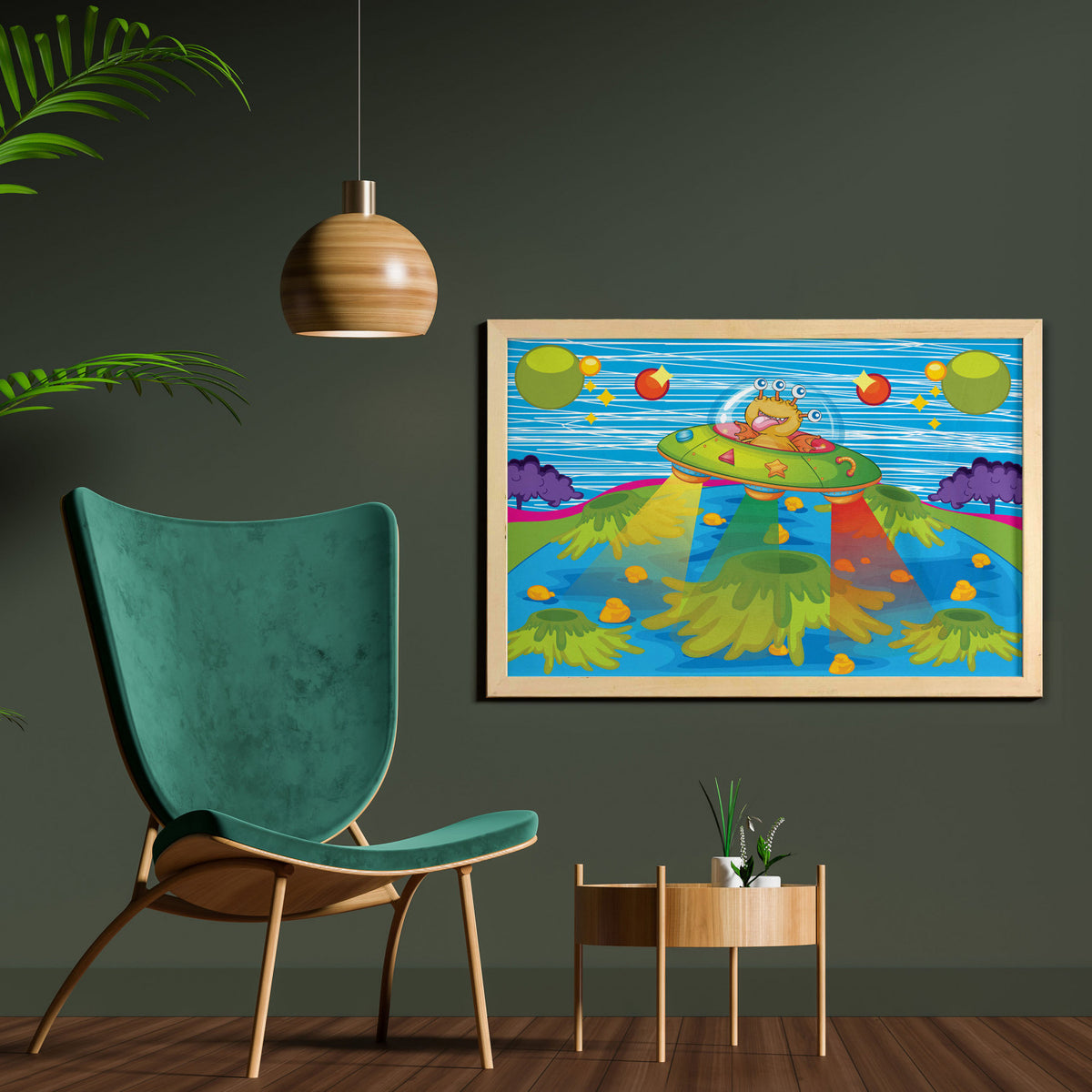 35" x 23" Green Blue Printed Fabric Wall Art H19604