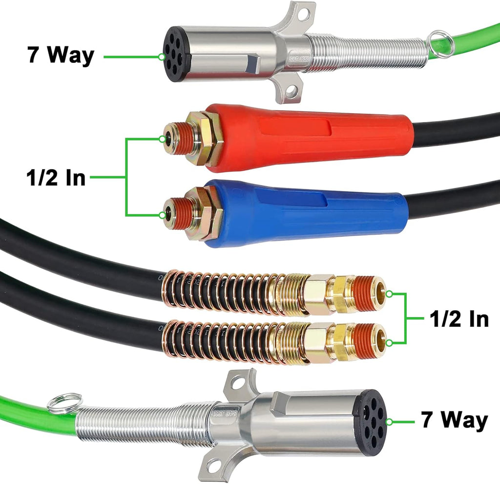 15 Ft Heavy Duty 7 Way ABS Electrical Cable and Rubber Air Line Hose Assemblies with Aluminum Glad Hands and Extension Handles A83230