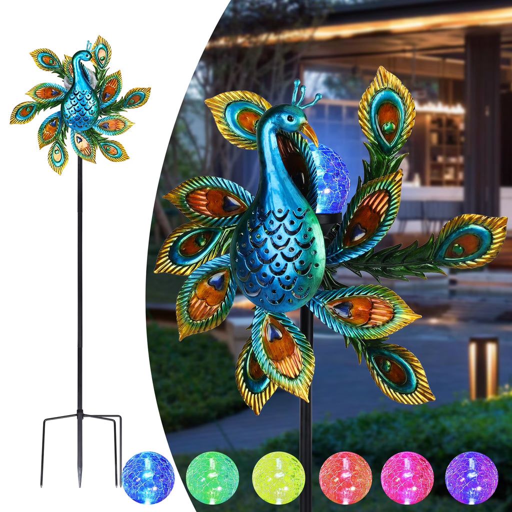 Solar Wind Spinner Outdoor Metal Kinetic Wind Spinner with LED Lighting Glass Ball Peacock Wind Spinner with Stake W24421