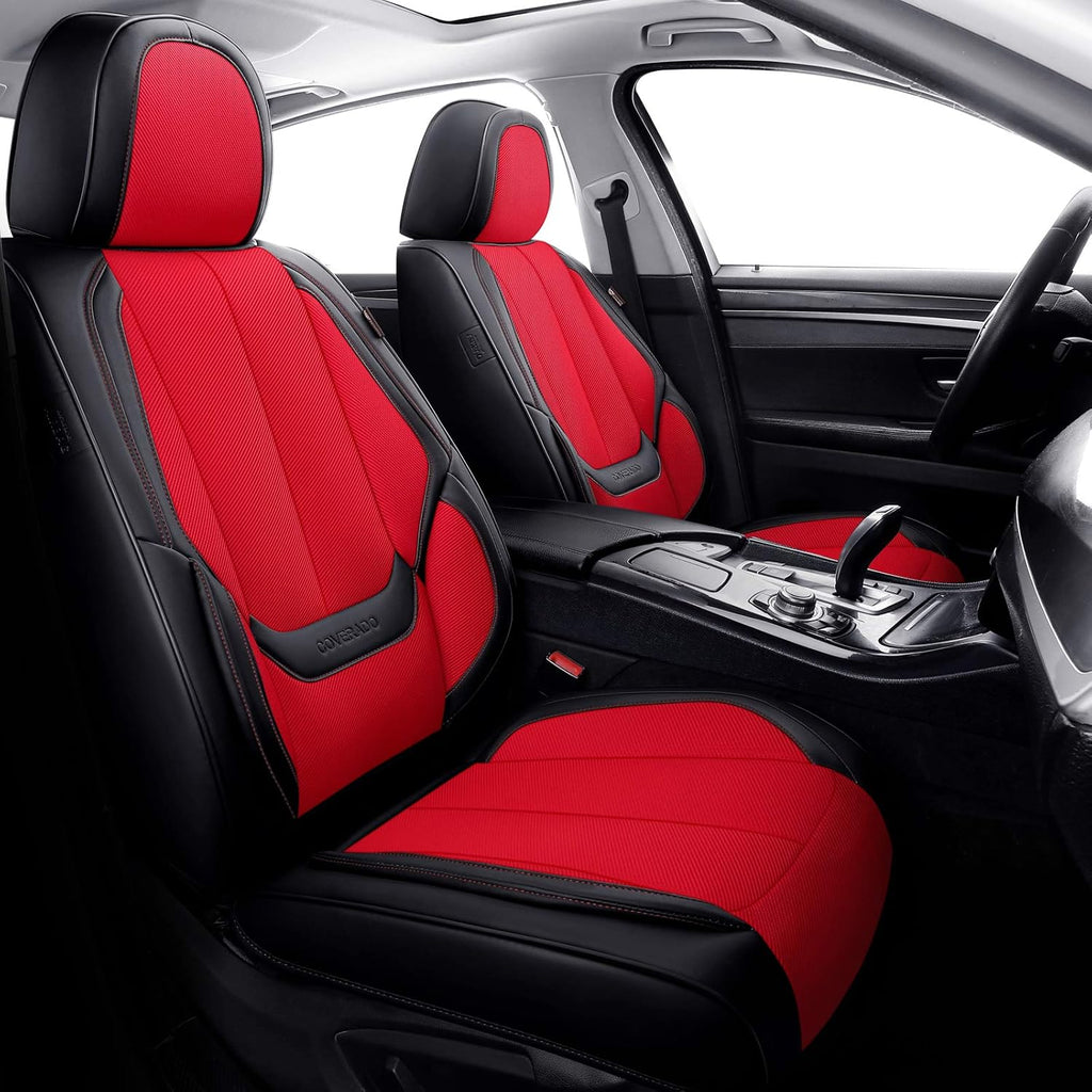 Red Fabric Leather Car Seat Covers 2 Pieces J45714