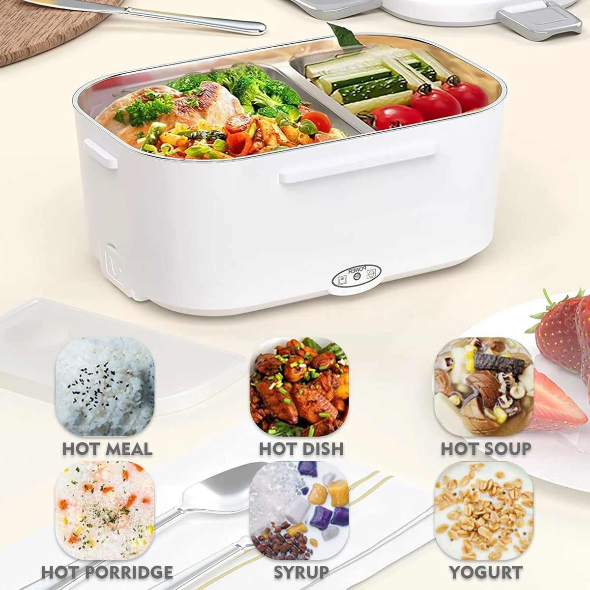 White 3-In-1 Portable Electric Lunch Box with 304 Stainless Steel Container K65255