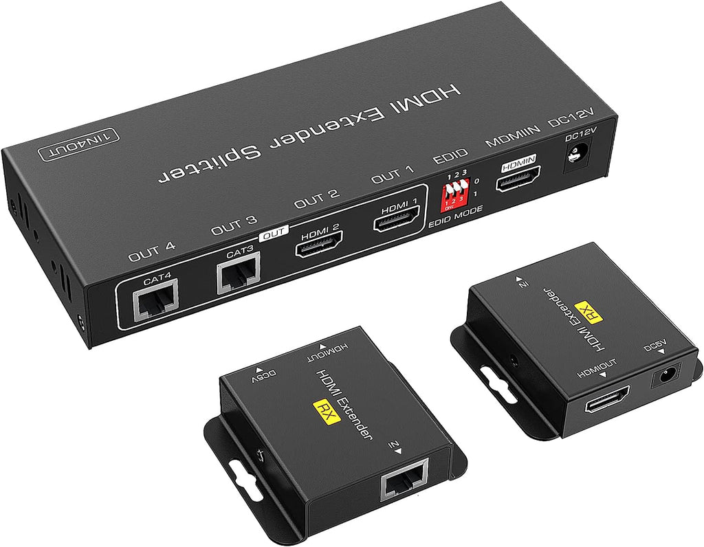 HDMI Extender Splitter 1x2 165ft/50m 1 in 2 Out Over Cat5e/Cat6/7 with 2 Loop-Out Local Display Repeater Balun Ethernet Sender Transmitter Receiver Support 1080P@60HZ 3D EDID POC M7083