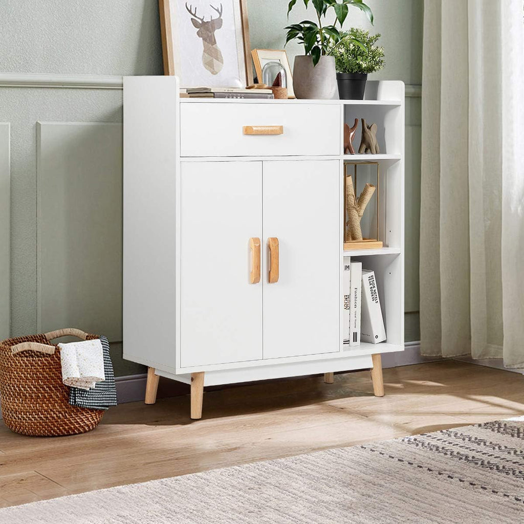 White Floor Storage Cabinet with 1 Drawer, 2 Doors, 3 Shelves I952