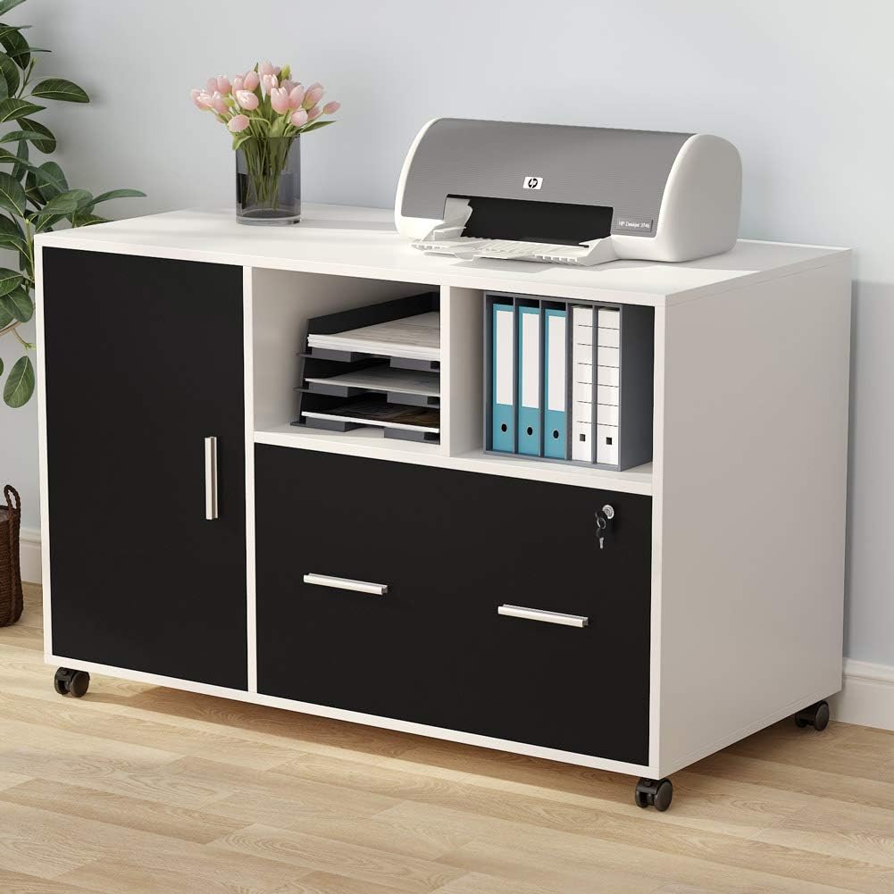 White Mobile Lateral File Cabinet with Lock and Drawer H707410