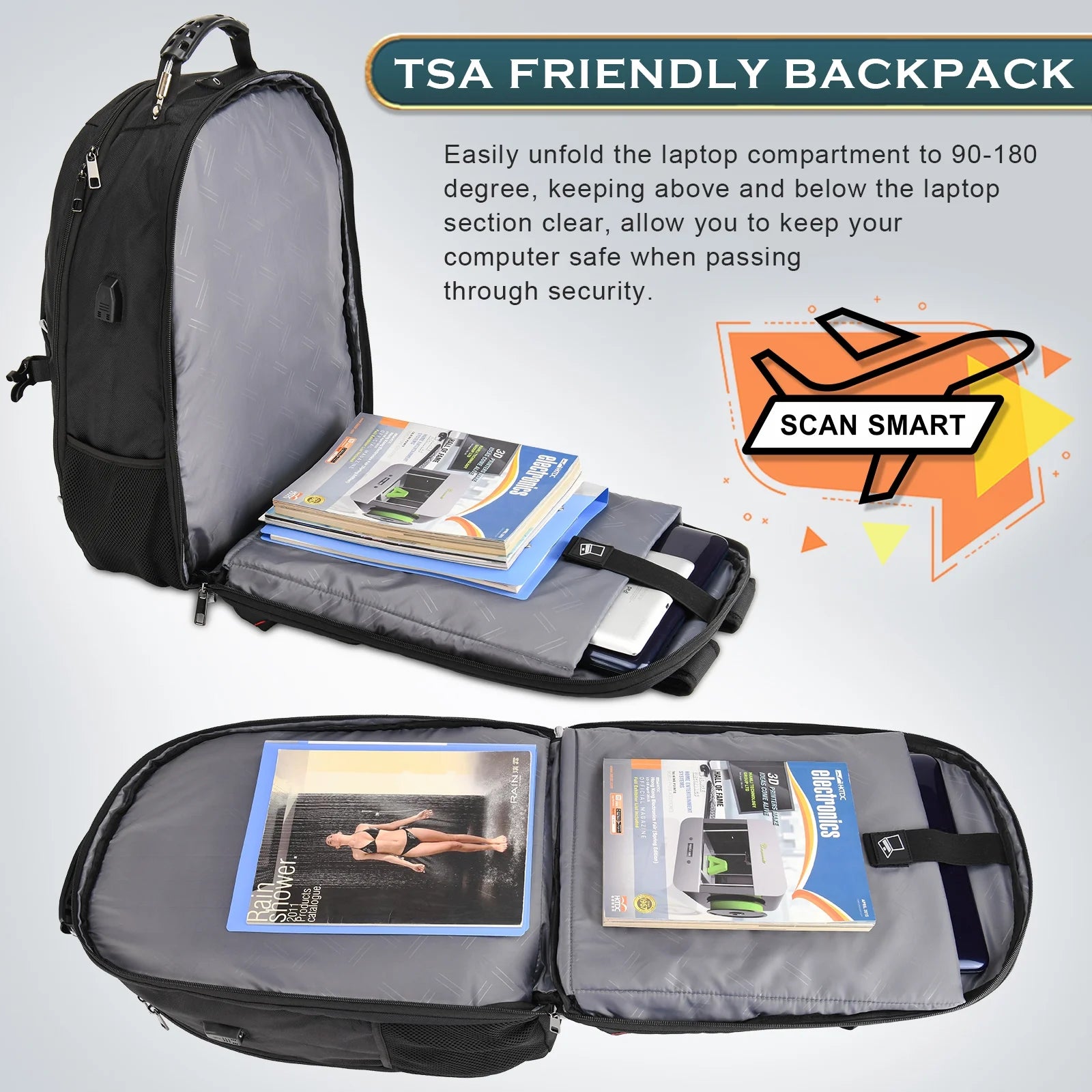 Extra Large 65L Water Resistant Anti-theft Travel Backpack with USB Charging Port B8323