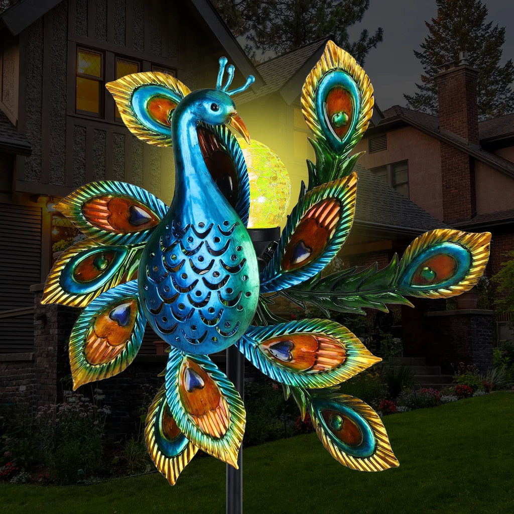 Solar Wind Spinner Outdoor Metal Kinetic Wind Spinner with LED Lighting Glass Ball Peacock Wind Spinner with Stake W24421