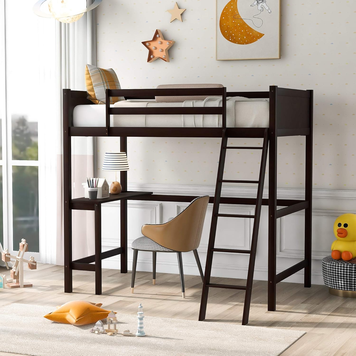 Twin Size Low Loft Bed with Slide, Storage Staircase, Safety Guardrails, Solid Pine Wood Bedframe, White X1988