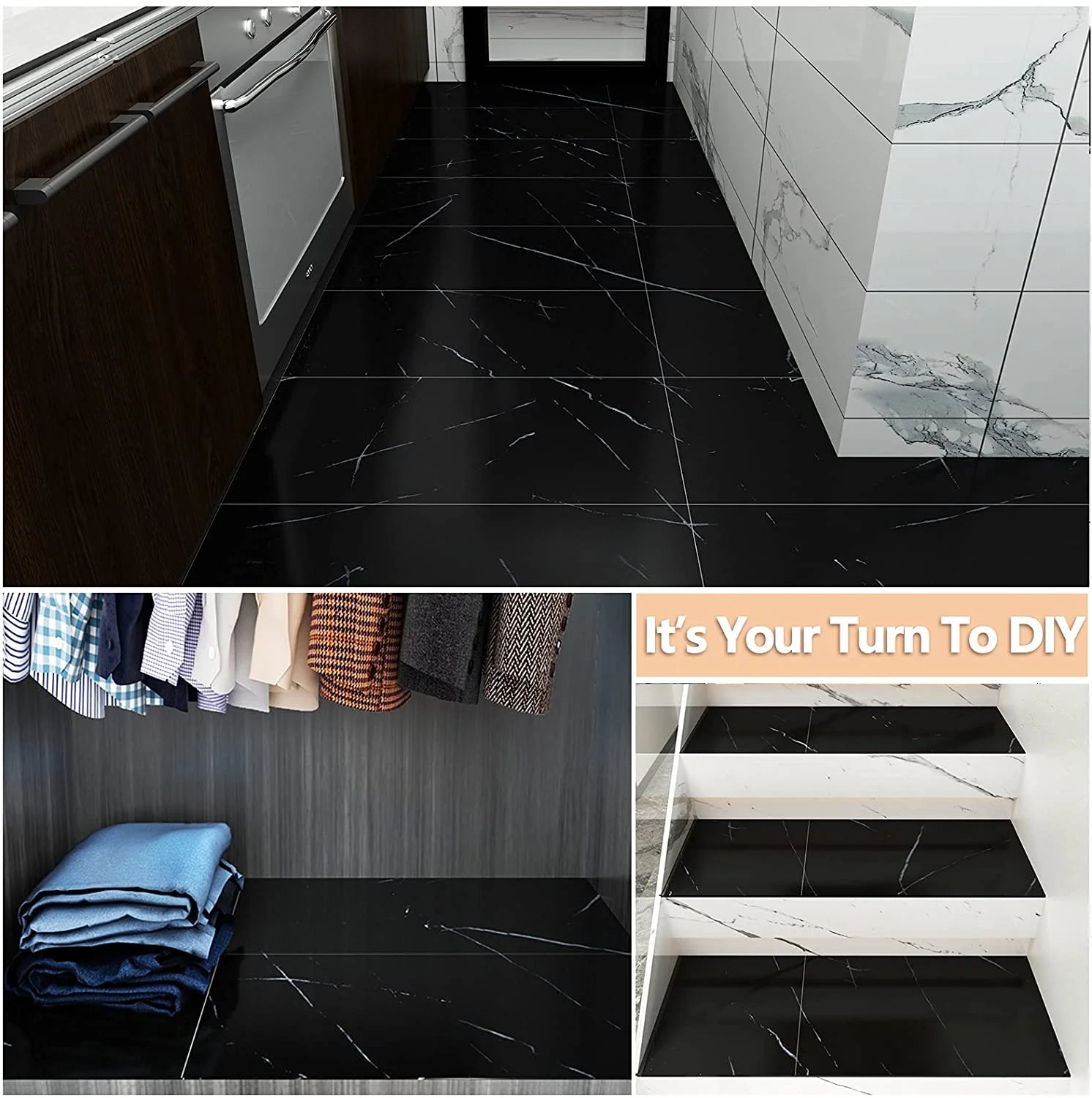 24-Pack Peel and Stick Vinyl Floor Tile 12"x24" Black Marble S134195