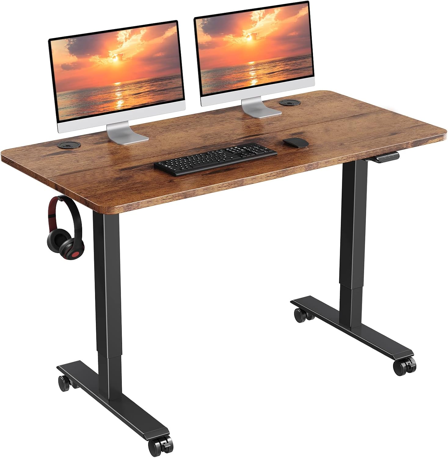 48 x 24 inch Walnut Top Black Frame Electric Standing Desk with Casters Y5204