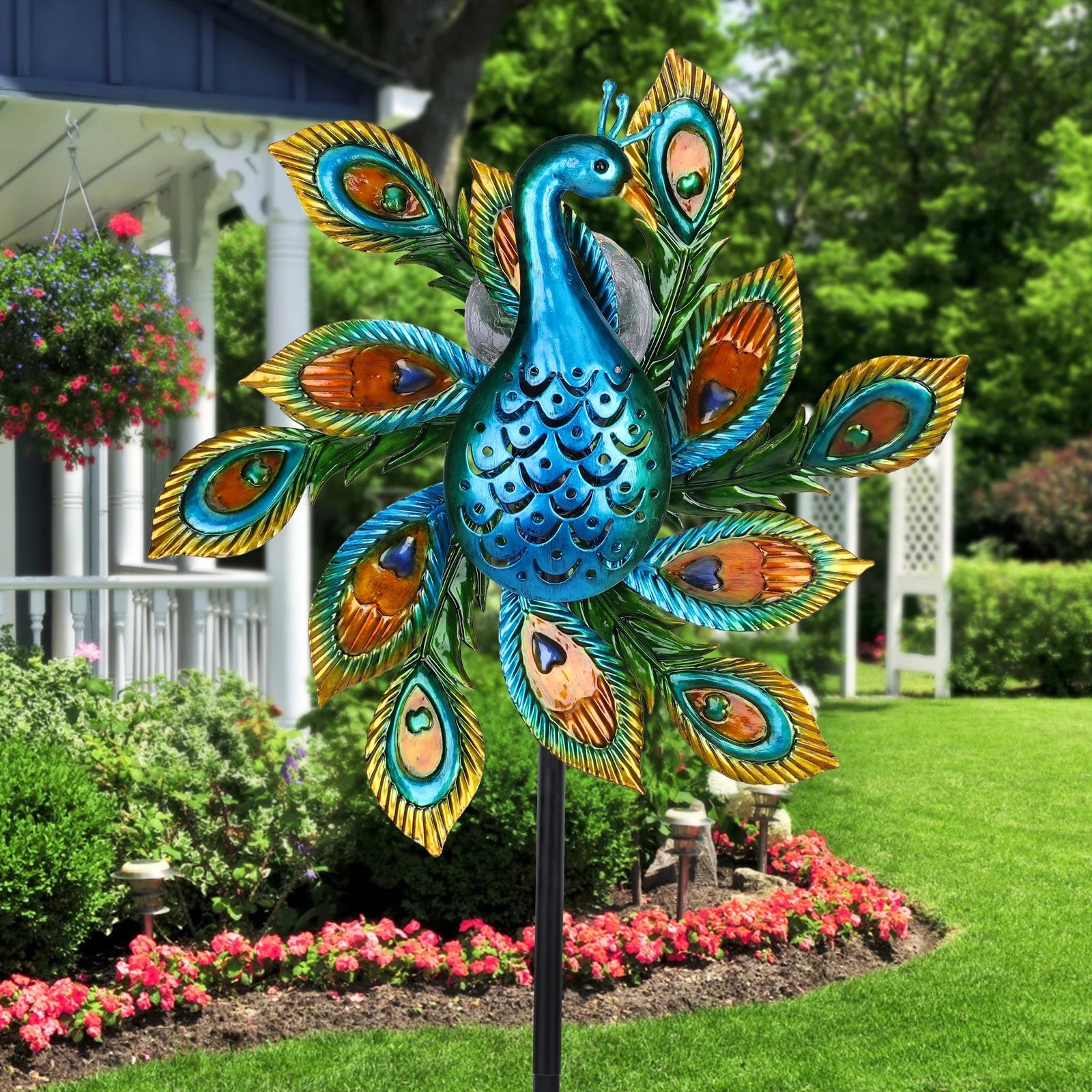 Solar Wind Spinner Outdoor Metal Kinetic Wind Spinner with LED Lighting Glass Ball Peacock Wind Spinner with Stake W24421