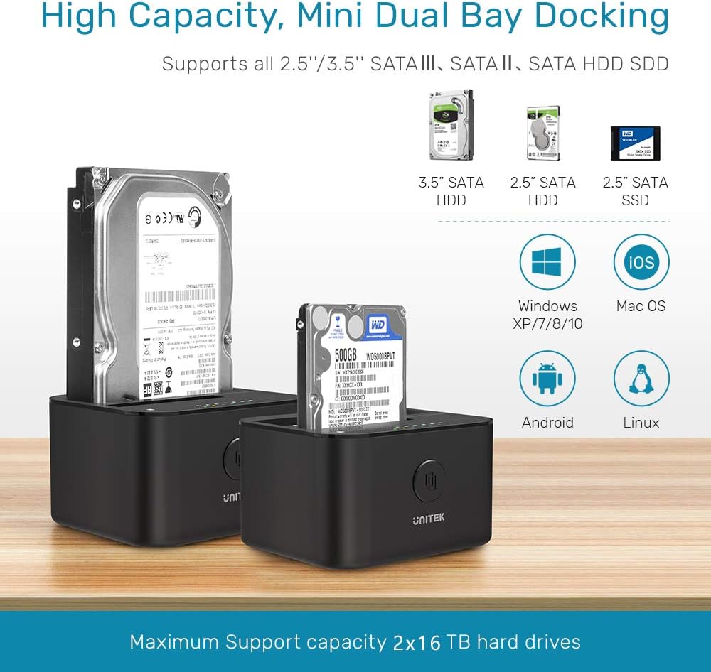 USB 3.0 to SATA Dual Bay External Hard Drive Docking Station for 2.5/3.5-inch HDD SSD, Offline Clone Duplicator, UASP, 16TB, 12V/3A Power Adapter, Pack of 2 M7524