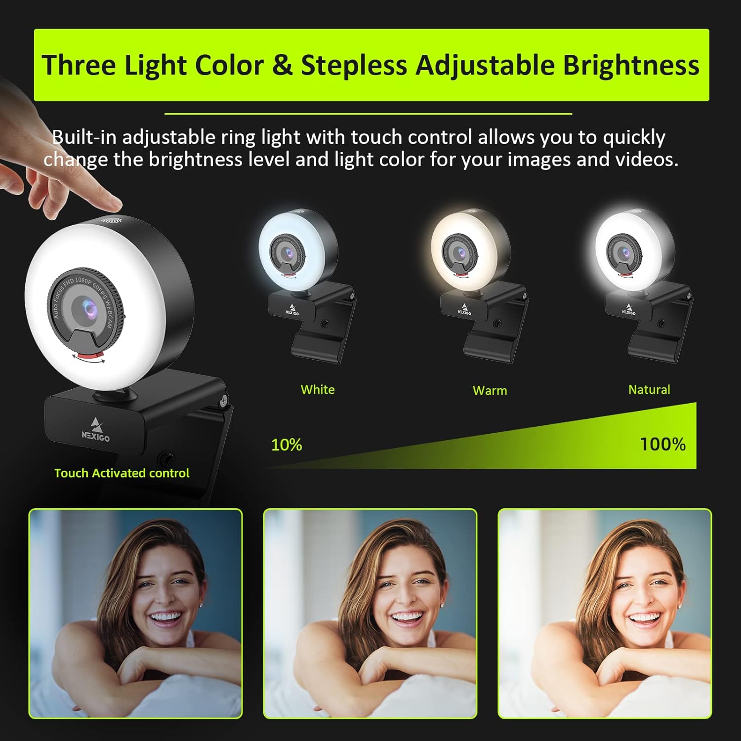 1080P 60FPS Webcam with Light, AutoFocus, Privacy Cover, USB Web Camera, Dual Stereo Microphone U268497