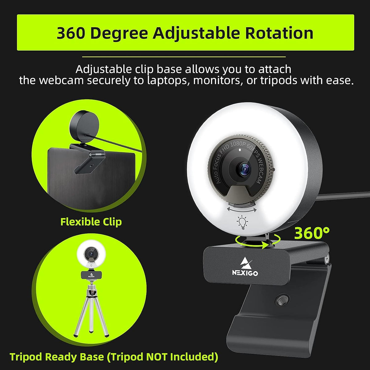 1080P 60FPS Webcam with Light, Fast AutoFocus, Built-in Privacy Cover, Dual Stereo Microphone R918