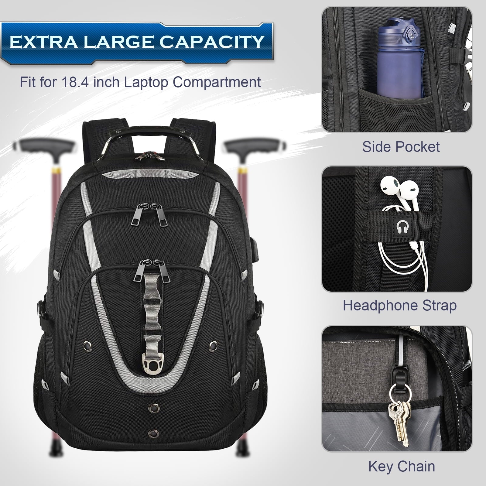 Extra Large 65L Water Resistant Anti-theft Travel Backpack with USB Charging Port B8323