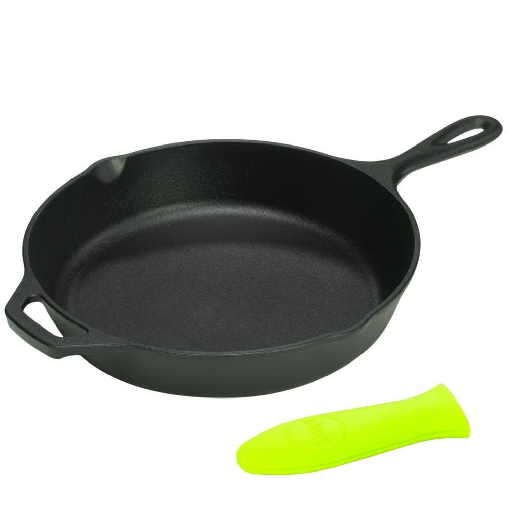13.25 inch Cast Iron Skillet with Helper Handle and Silicone Handle Holder J282