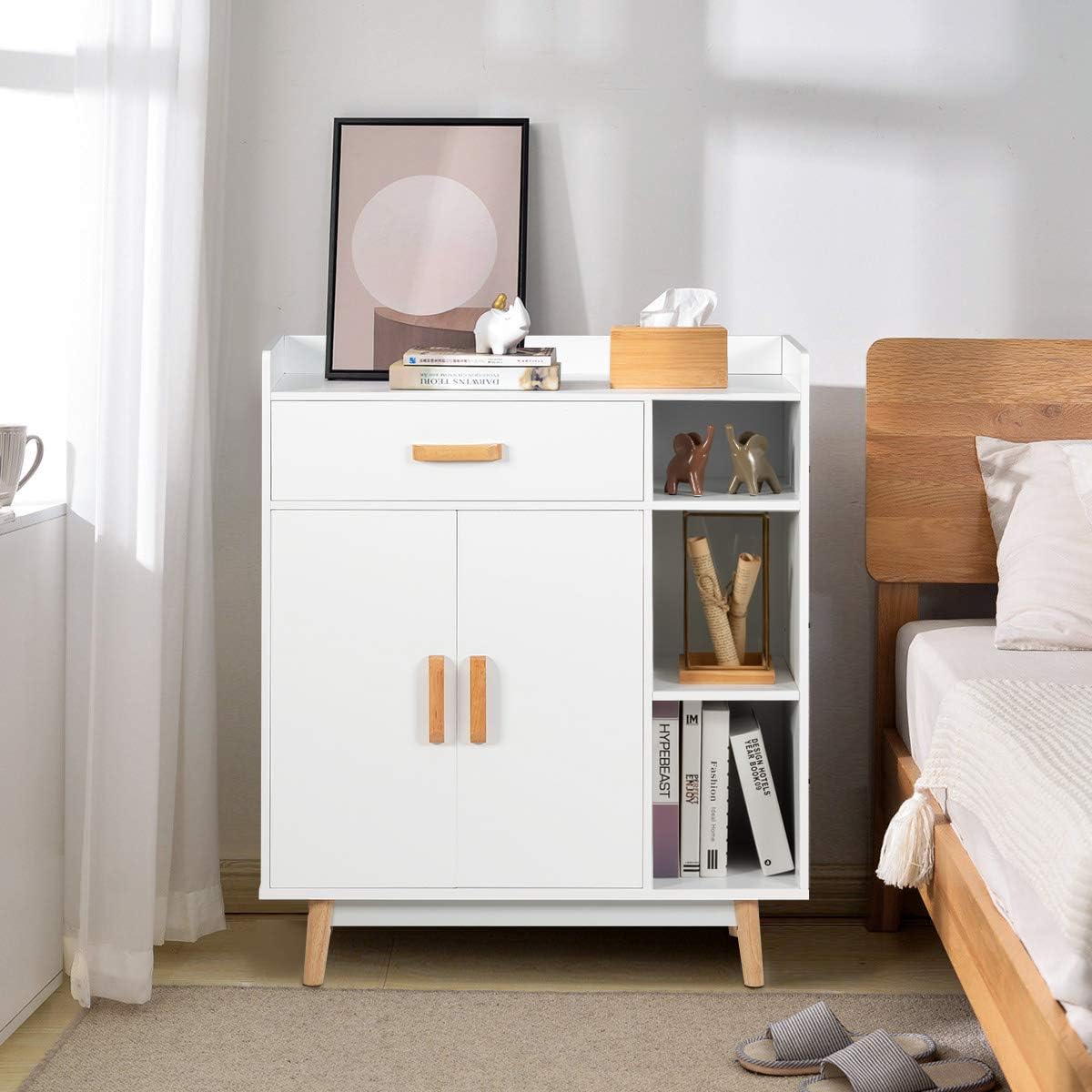 White Floor Storage Cabinet with 1 Drawer, 2 Doors, 3 Shelves I952