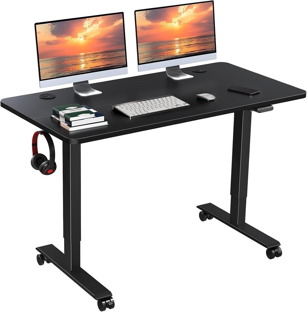 48 x 24 inch Walnut Top Black Frame Electric Standing Desk with Casters Y5204