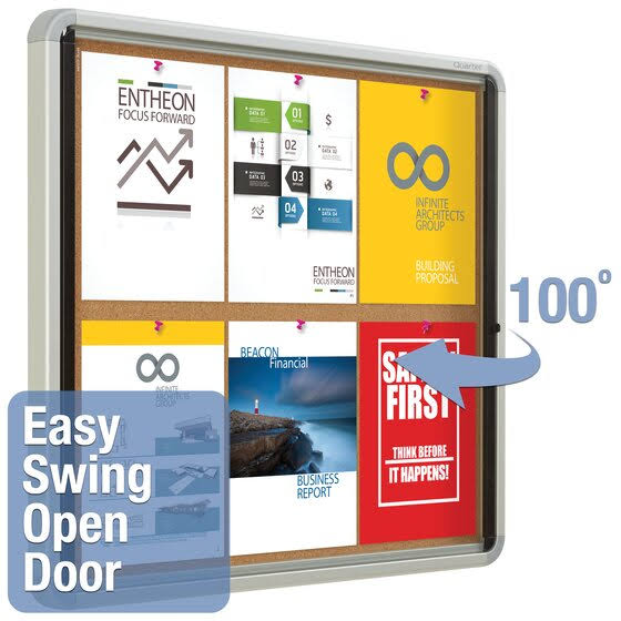 Enclosed Cork Bulletin Board with Swing Door, 30 x 27, Silver Aluminum Frame C613