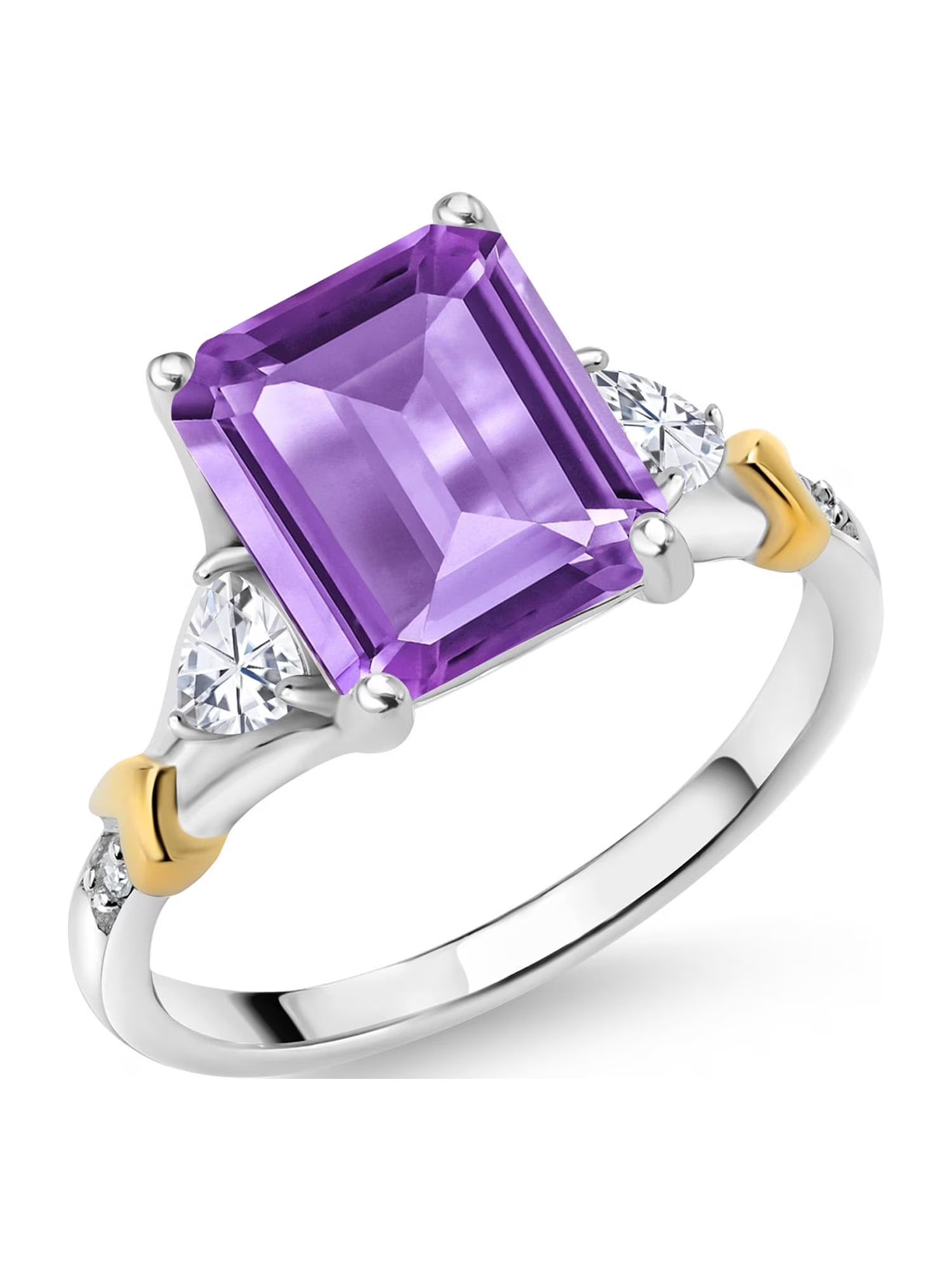 Emerald Cut 925 Silver and 10K Yellow Gold Amethyst and Moissanite and Diamond Engagement Ring R1088