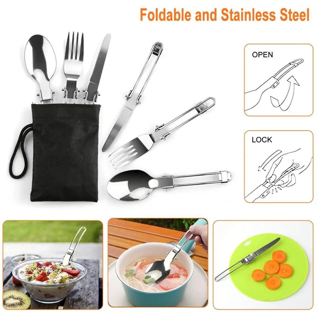 Camping Cookware Mess Kit Pot Pan Kettle Cooking Set Tableware with Stove Spoon Fork Cutter U101