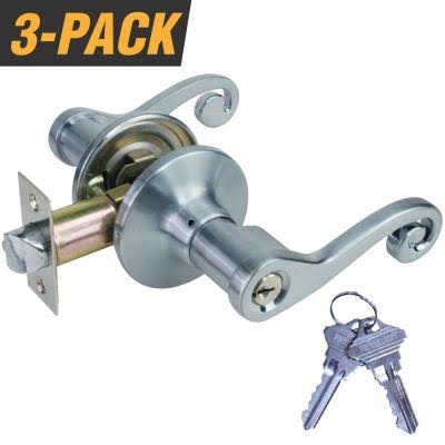 Satin Nickel Light Commercial Duty Door Handle Lock Set with 6 Keys Total, 3-Pack C692964