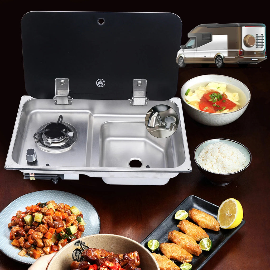 RV Gas Stove 1 Burner With Sink & Faucet Combo w/ Glass Lid S766378