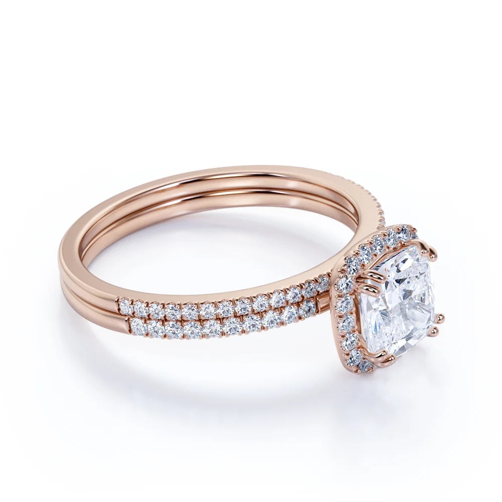 1.5 Carat Cushion Cut Halo Moissanite Bridal Ring Set in 18k Rose Gold Over Silver Q580