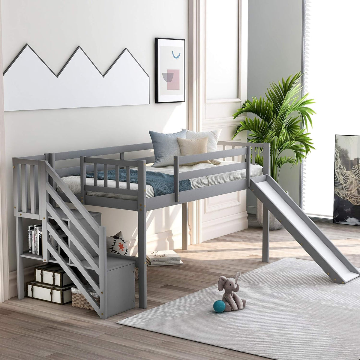 Twin Size Low Loft Bed with Slide, Storage Staircase, Safety Guardrails, Solid Pine Wood Bedframe, White X1988