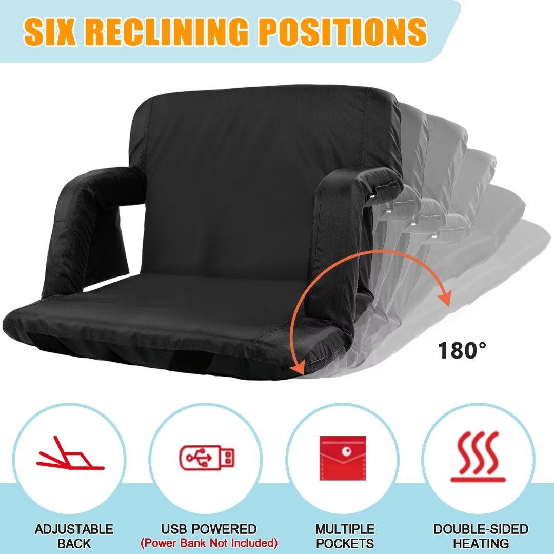 Heated Folding Stadium Seat with Back Support, 6 Reclining Positions, 3 Heat Modes L29010