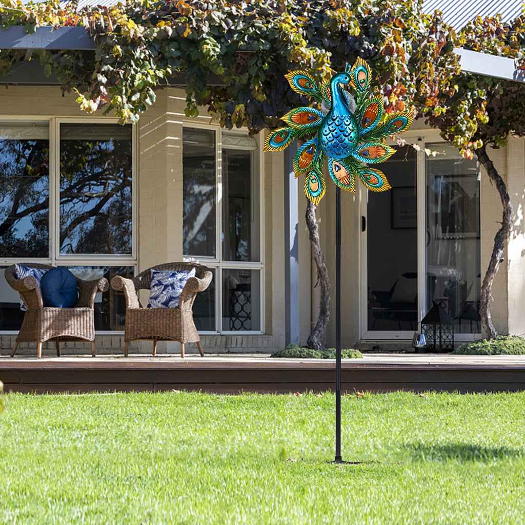 Solar Wind Spinner Outdoor Metal Kinetic Wind Spinner with LED Lighting Glass Ball Peacock Wind Spinner with Stake W24421