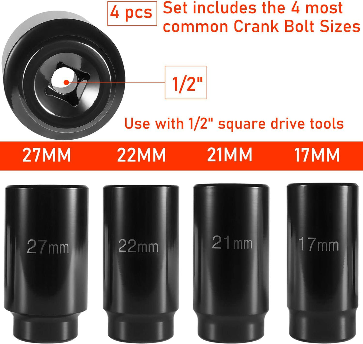 4pcs 1/2 Inch Drive Deep Impact Socket Set 17mm 21mm 22mm 27mm with Storage Case Z5772
