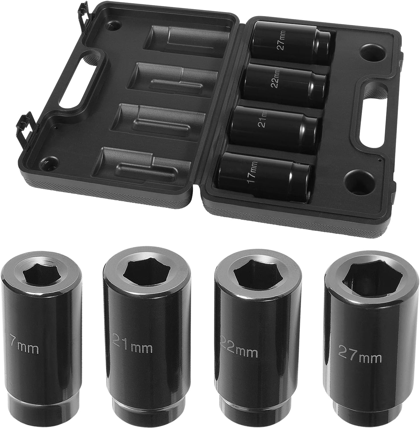 4pcs 1/2 Inch Drive Deep Impact Socket Set 17mm 21mm 22mm 27mm with Storage Case Z5772