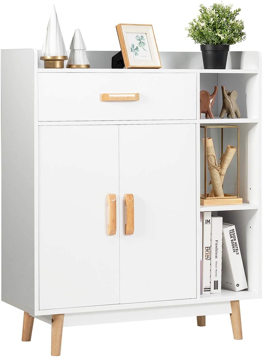 White Floor Storage Cabinet with 1 Drawer, 2 Doors, 3 Shelves I952