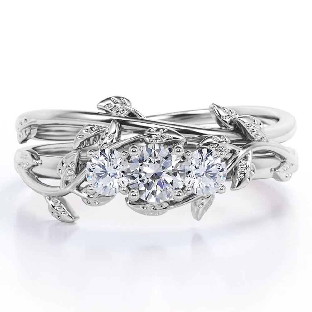 1 Carat Round Brilliant Cut Moissanite Triple Stone Wedding Ring Set in 18K White Gold Plating over Silver J94613