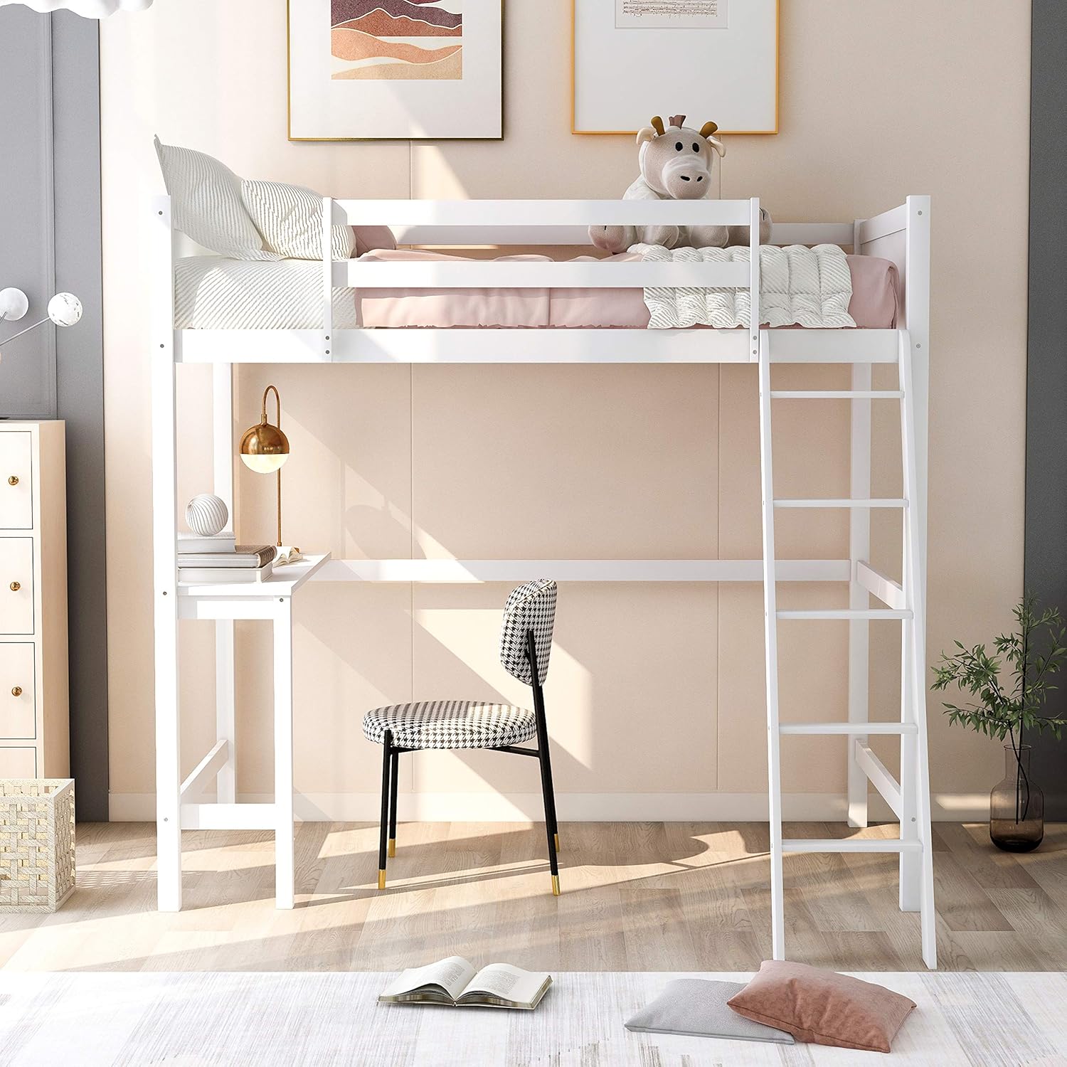 Twin Size Low Loft Bed with Slide, Storage Staircase, Safety Guardrails, Solid Pine Wood Bedframe, White X1988