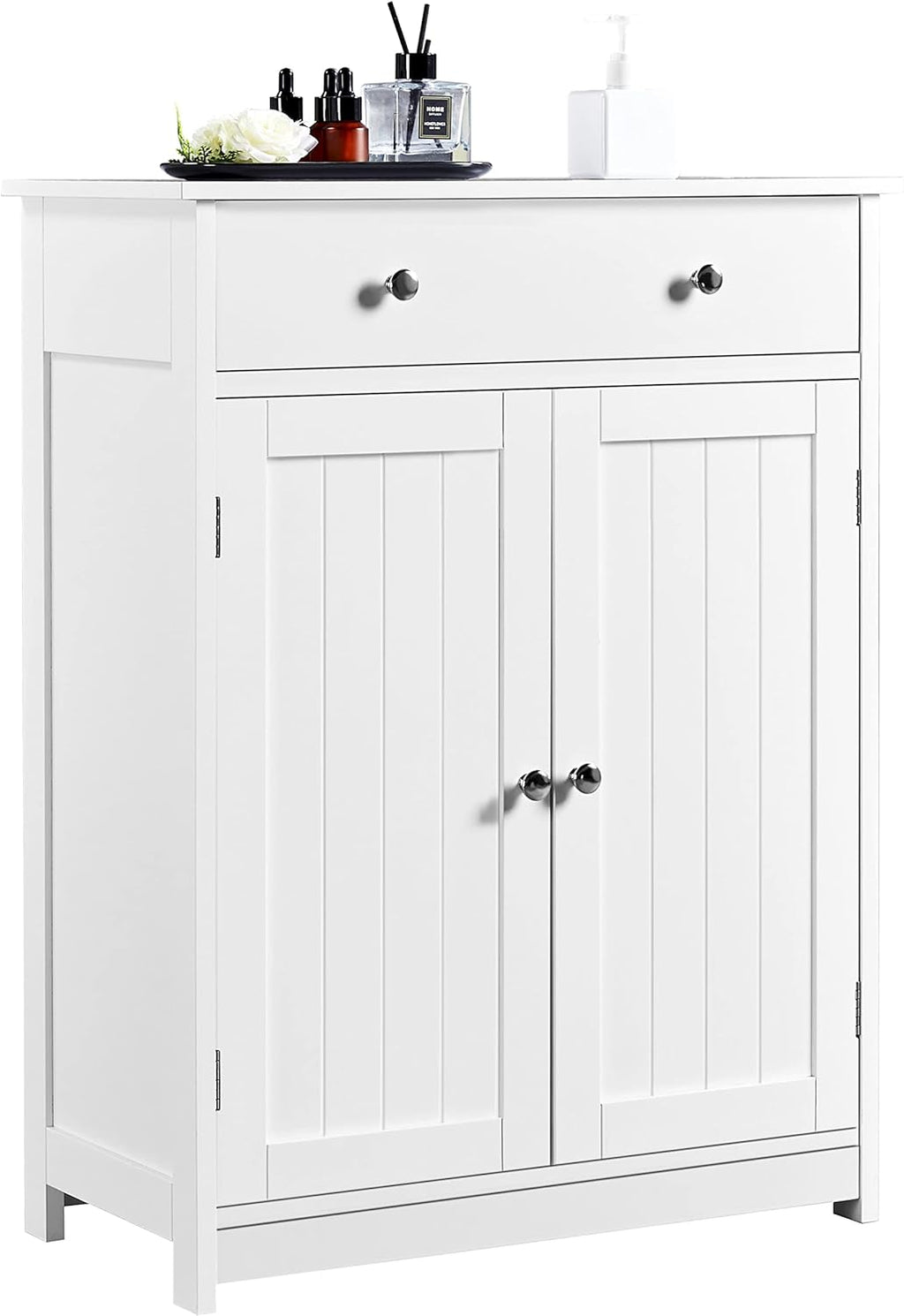 White 23.6in L x 11.8in W x 31.5in H Wooden Bathroom Cabinet with 1 Drawer 2 Doors and Adjustable Shelf H55063