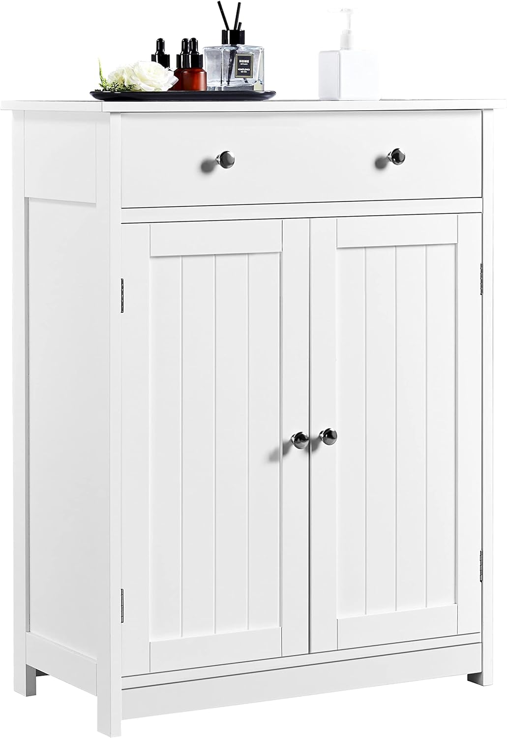 White 23.6in L x 11.8in W x 31.5in H Wooden Bathroom Cabinet with 1 Drawer 2 Doors and Adjustable Shelf H55063