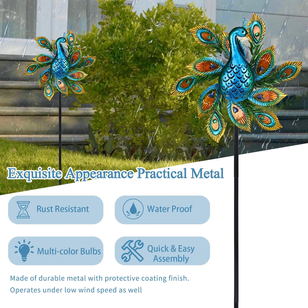 Solar Wind Spinner Outdoor Metal Kinetic Wind Spinner with LED Lighting Glass Ball Peacock Wind Spinner with Stake W24421