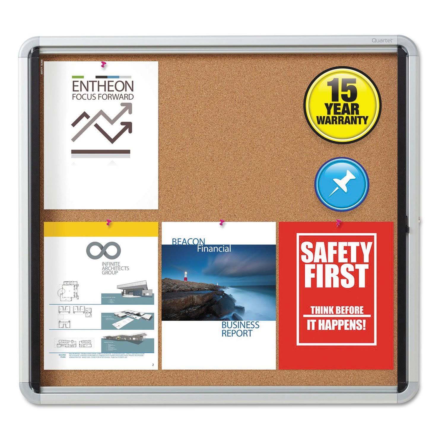 Enclosed Cork Bulletin Board with Swing Door, 30 x 27, Silver Aluminum Frame C613