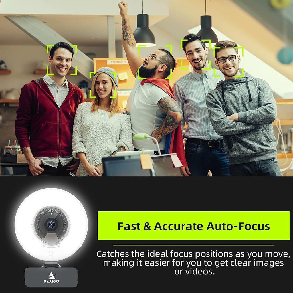 1080P 60FPS Webcam with Light, Fast AutoFocus, Built-in Privacy Cover, Dual Stereo Microphone R918