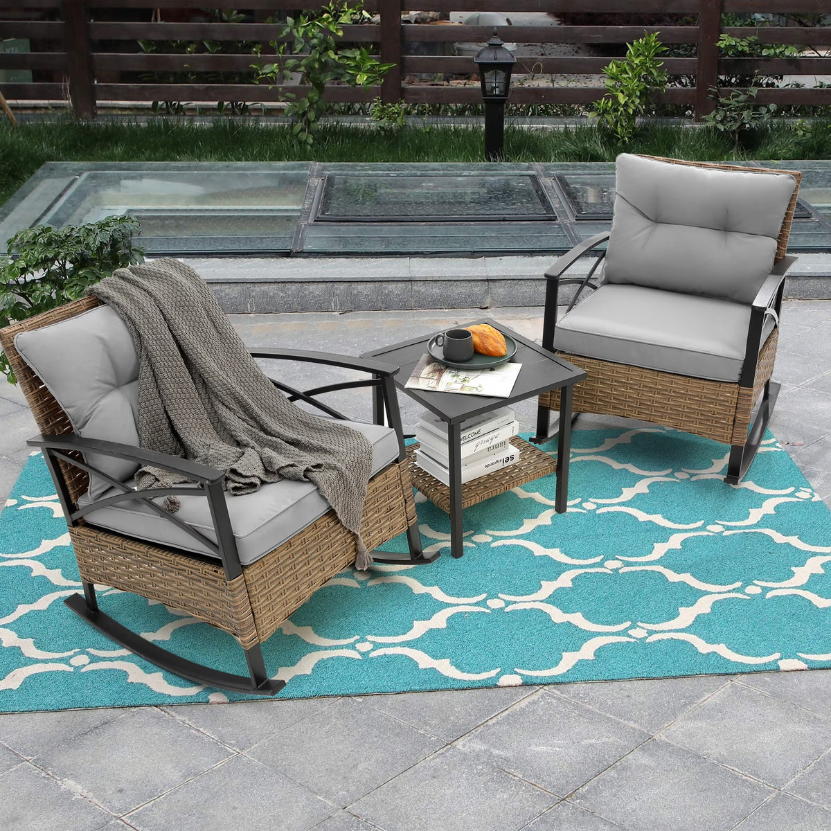 Grey Rattan Rocking Chair Set of 3 S876