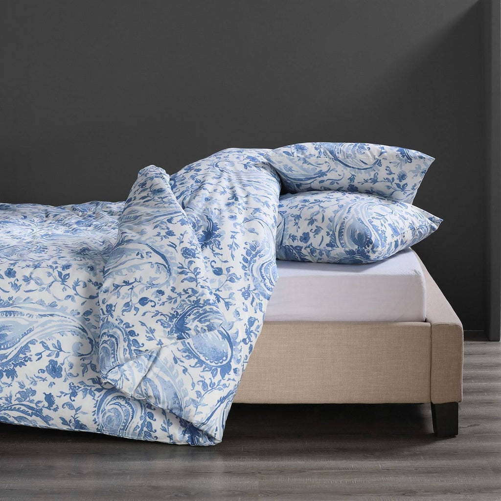 Queen Blue Cotton Percale Printed Duvet Cover Set P226