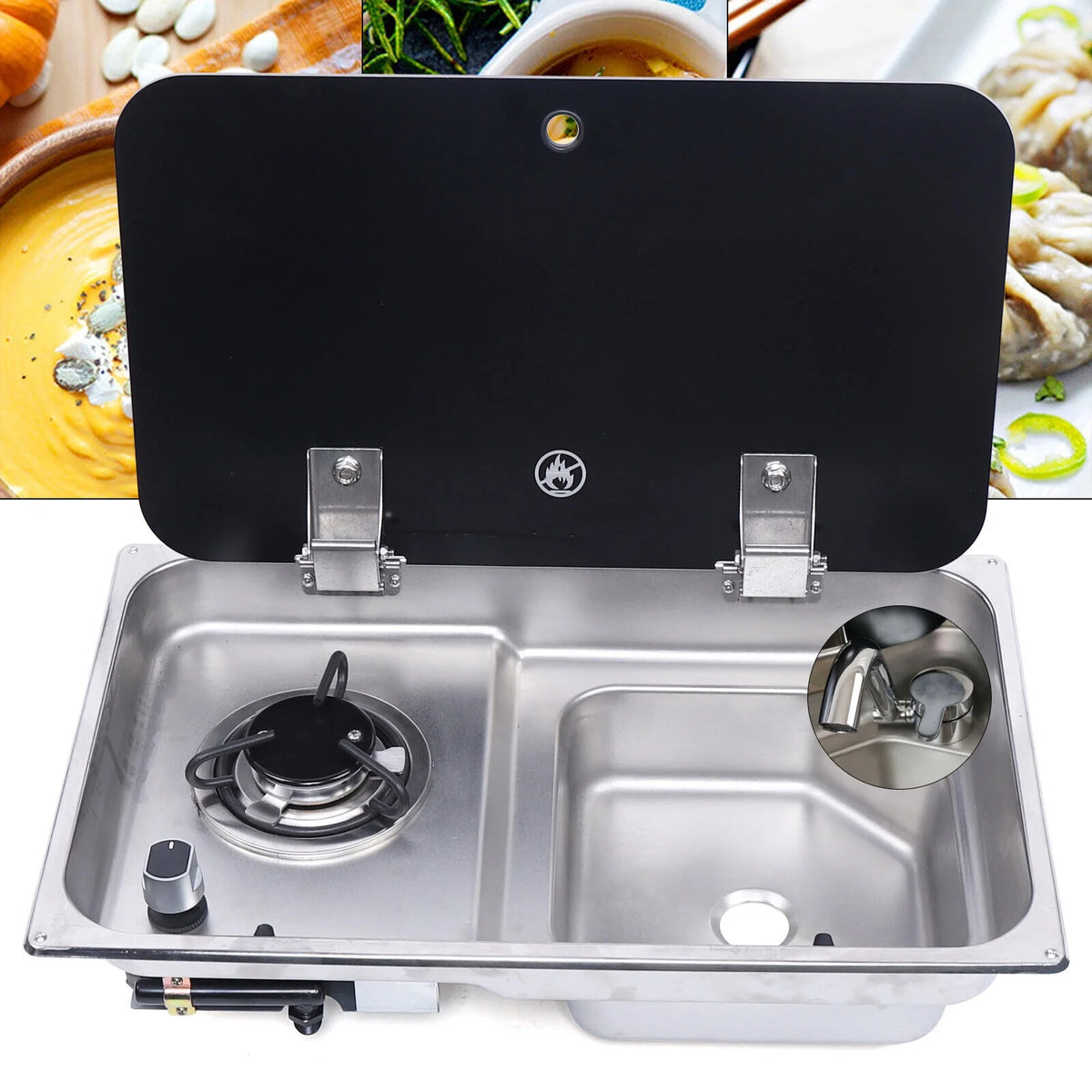RV Gas Stove 1 Burner With Sink & Faucet Combo w/ Glass Lid S766378